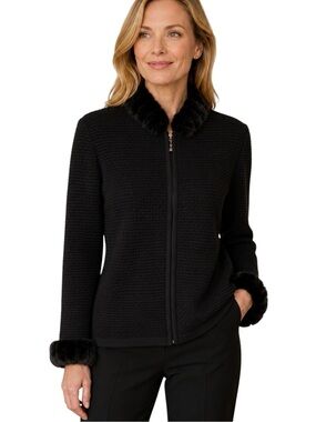 Venesha Vintage Black Mink Fur Trimmed Zip Front Knit Cardigan - M
